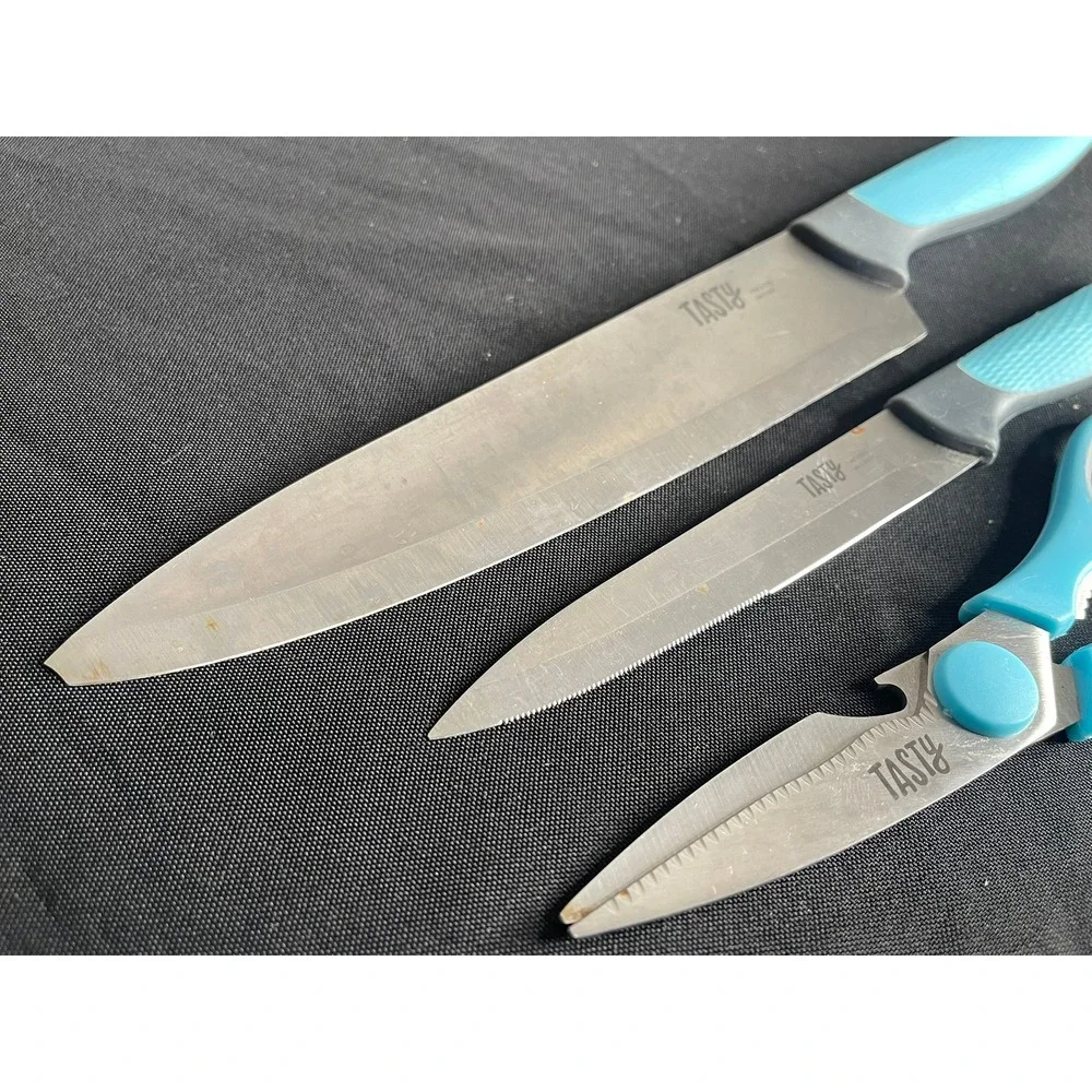 Tasty 3 Piece Kitchen Knife Set Teal Blue 8in Chef 5in Utility & Shears Scabbard